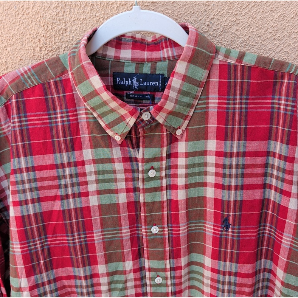 Ralph Lauren Oxford Shirt Men's XL Red Green Plaid Check Button Down Long Sleeve